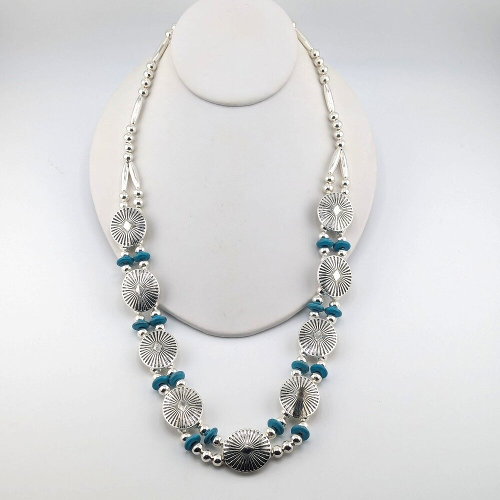 Native American Inspired Turquoise Saucer Beaded Necklace Silver Plated Jewelry